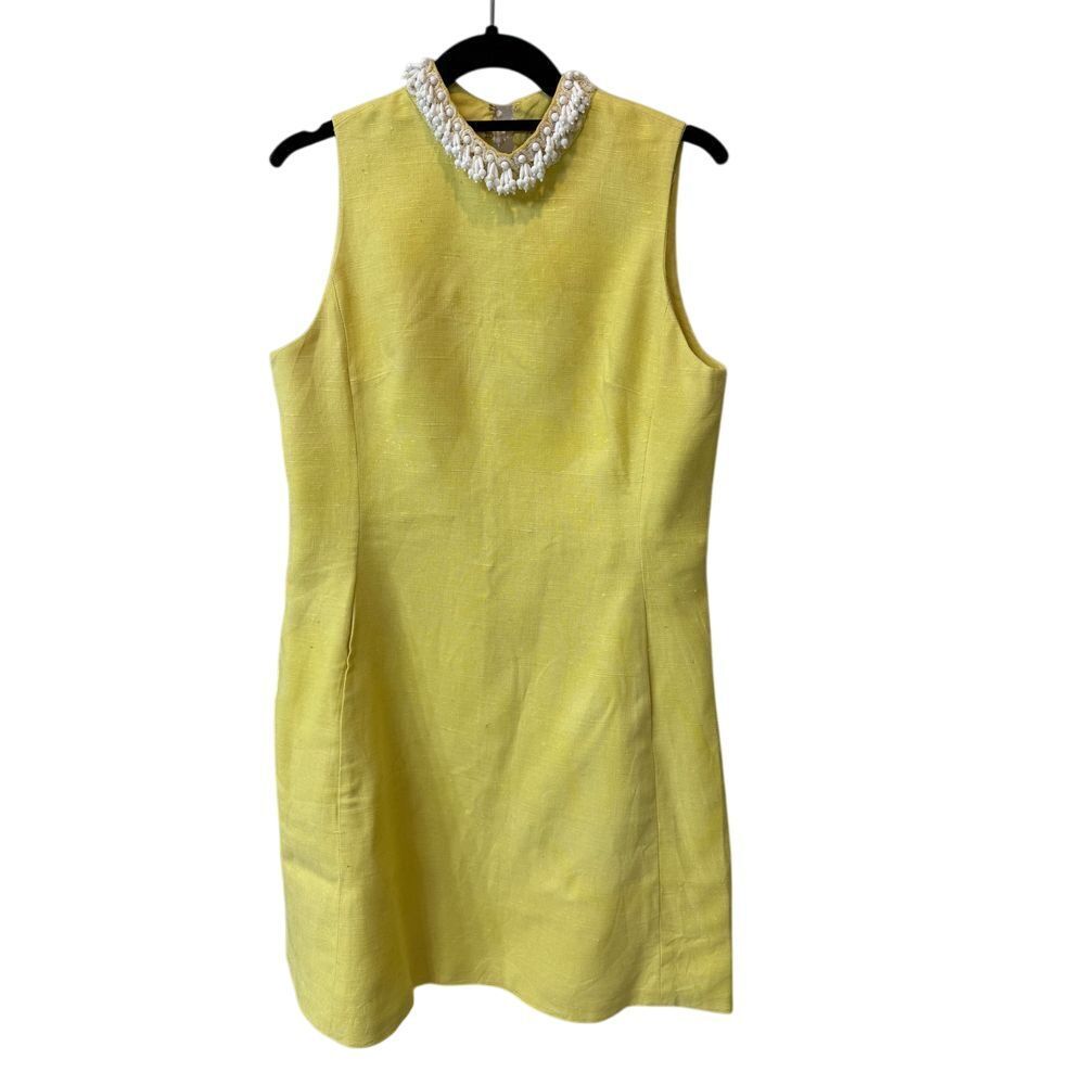 Vintage Yellow‎ 60s Linen Shift Dress Pearl Beaded Collar Cocktail Party Dress